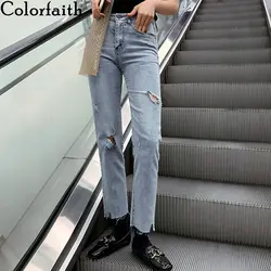 Colorfaith 2019 женские джинсы на молнии, повседневные, с дырками, прямой с высокой талией, брюки, женские, длиной до щиколотки, винтажные, синие