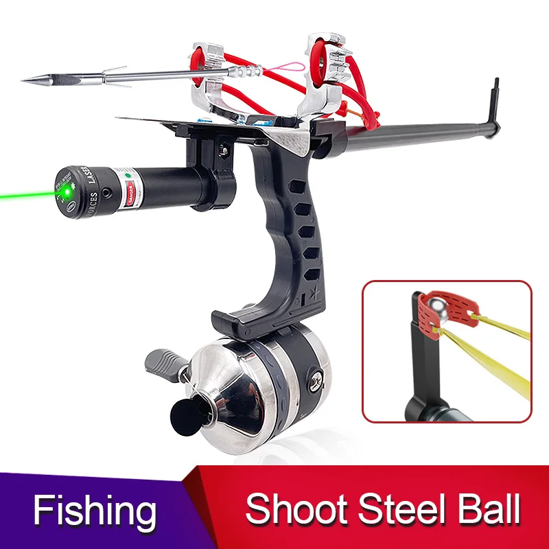 Fishing Straight Rod High Precision Telescopic Red Laser Rubber Band Outdoor Catapult Reel Hunting Fish Slingshot Green | Игрушки и