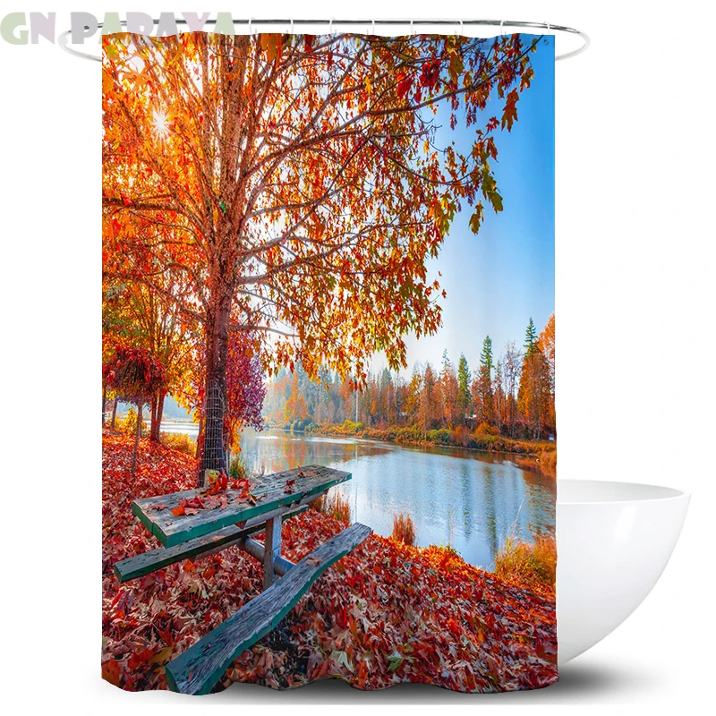 

Red forest Bath Curtains farmhouse decor Waterproof Polyester blue lake landscape Shower Curtains Screen with hooks new