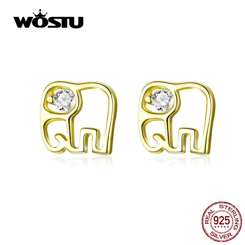 

WOSTU Elephant Silhouette Stud Earrings 100% 925 Sterling Silver Zircon Gold Earrings For Women Fashion Jewelry Gifts CQE661-GD