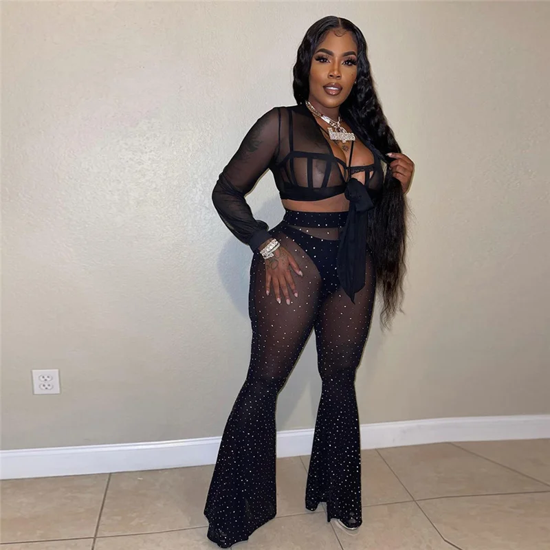 suit set Sexy Black See Through 2 Piece Sets Womens Outfits Crop Top Flare Pants Nightclub Party Birthday Outfits for Women Matching Sets lawn suits