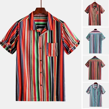 

Mens Hawaiian Shirt Male Casual Printed Beach Shirt Mens Summer Stripe Printing Buttons Fly Practical Pocket Casual Shirts M-3XL