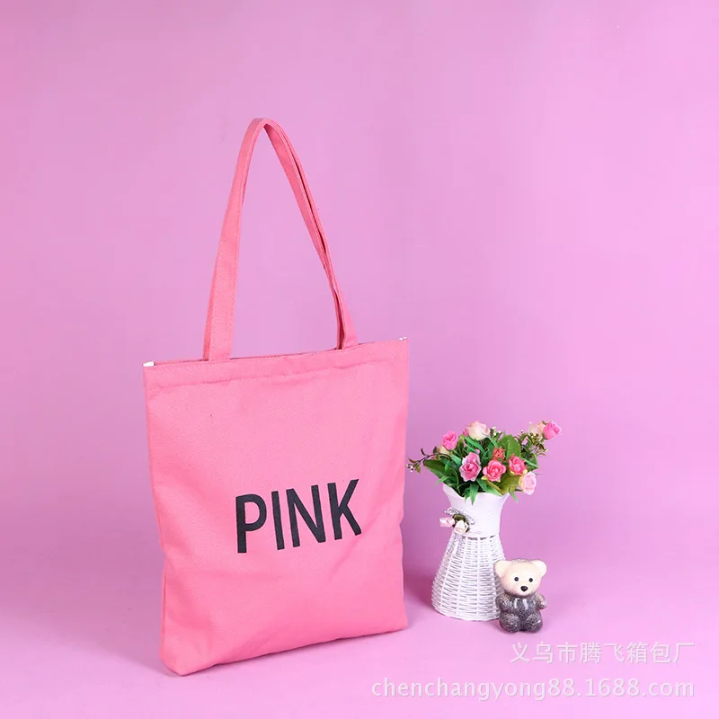 Женская портативная хлопковая Холщовая Сумка для покупок, простая Холщовая Сумка на плечо, Экологичная и многоразовая складная сумка для хранения на молнии - Цвет: Розовый