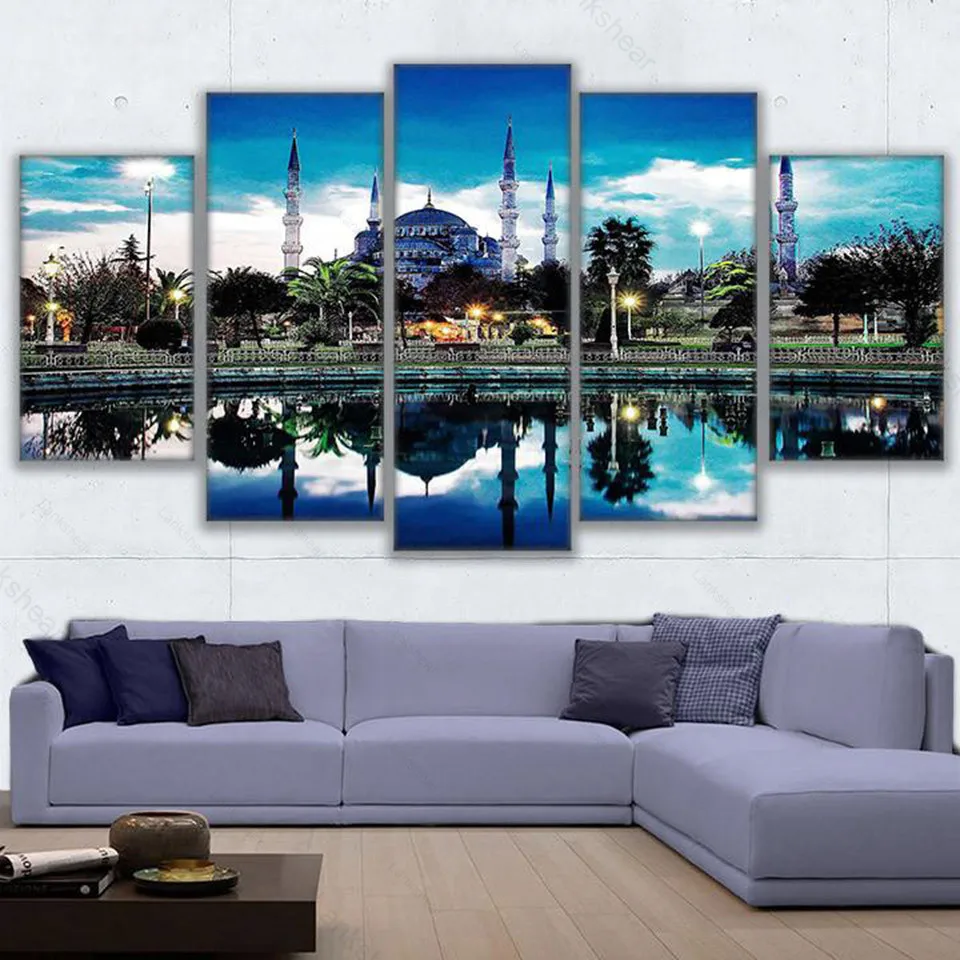 

Modern Frames for Paintings Lake Landscape Canvas Cuadros 5 Panel Building Home Decoration Art Print Poster Modular Pictures