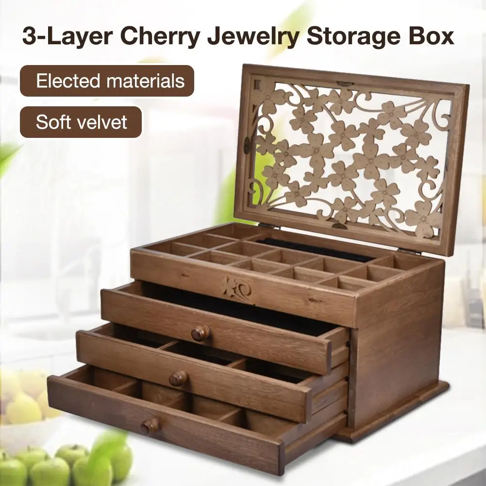 

3-Layer Cherry Jewelry Storage Box Wooden Jewelry Bag Organizer Case With 3 Drawers Dark Brown For Earrings Necklace Hairpin