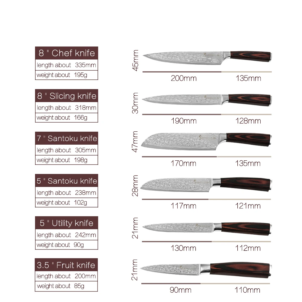 ZEMEN, набор профессиональных кухонных ножей 3,5~ 8 дюймов, нож для очистки овощей, Santoku, шеф-повара, набор из 6 предметов, кухонный нож из нержавеющей стали