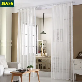 

Silver Stripe Tulle Curtain for Living room Window Treatment Sheer Voile Curtain For Kitchen Modern Simple White Organza WP444T2