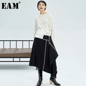 

[EAM] High Waist Black Contrast Color Line Split Joint Asymmetrical Half-body Skirt Women Fashion New Spring Autumn 2020 1K720