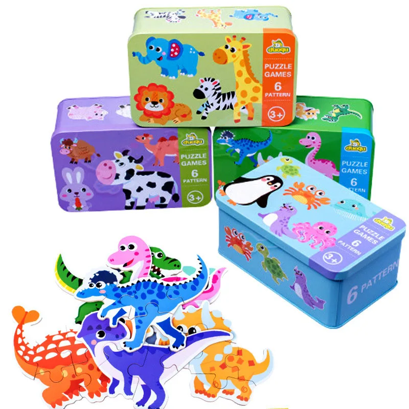 6Pcs/Set Puzzle Jigsaw Board Wooden Souptoys Early Educational Game Cute Cartoon Animal Dinosaur Pattern Baby Toys Children Gift summer fashion boys sandals children s garden shoes lightweight soft bottom pattern dinosaur shark size 28 35