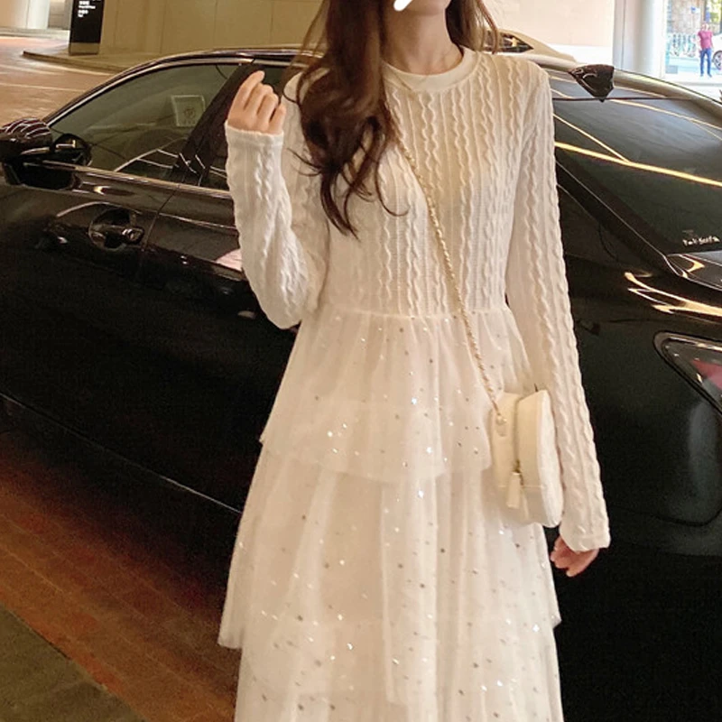 White Knitted Fairy Dress Elegant Ruffled Women Designer Sequins Dress Winter One Piece Lady Club Party Long Sleeve Maxi Dress Dresses Aliexpress