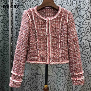 

High Quality Wool Jacket 2019 Autumn Winter Coat Women White Pearl Beading Long Sleeve Casual Vintage Tops Coat Female Outwear