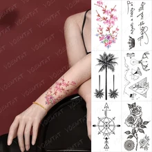 Waterproof Temporary Tattoo Sticker Linear Color Sakura Rose Flower Lettering Realistic Tatoo Arm Hand Tatto Man Woman Child Art