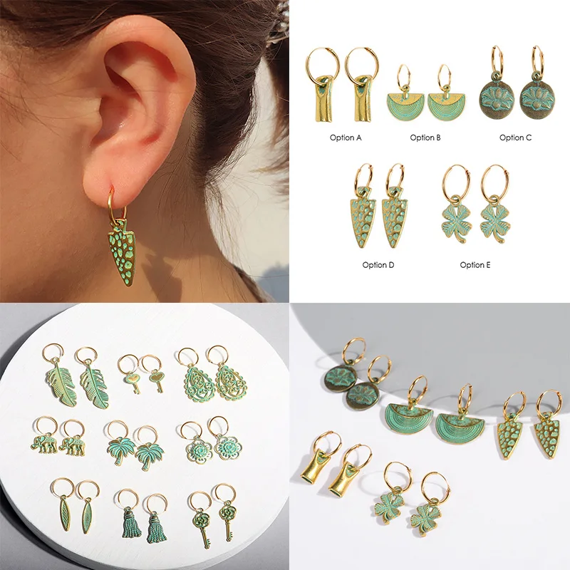 

SEDmart Vintage Summer Green Leaf Circle Flower Charm Drop Earrings for Women Alloy Hoop Distressed Fresh Plant Vintage Jewelry