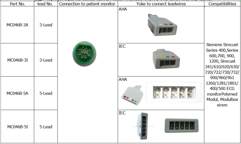Ecg кабель 10pin для Siemens серии Sirecust 400, серия 600700, 900, 1200,3 свинец 5ld, AHA/IEC