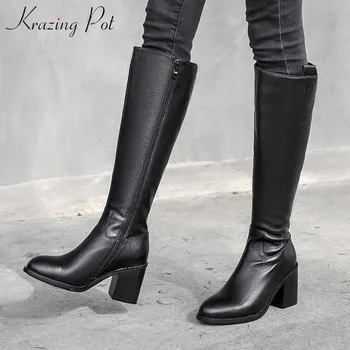 

krazing pot high quality genuine leather boots side Zipper classic black high heels round toe women warm thigh high boots L58