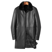 DK Natural Mink Fur Clothing Men Medium Long Winter Warm Leather Genuine Black Slim Sheepskin Leather Jackets