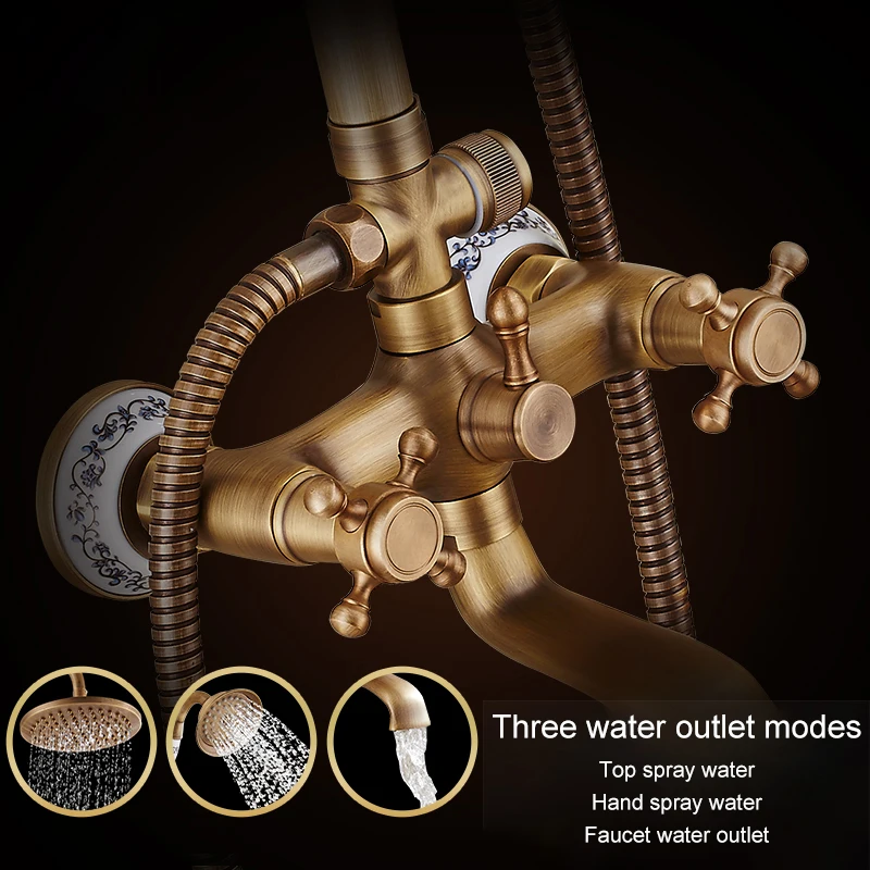 Bathroom Shower Faucet Set Antique Rain Shower Faucets With Hand Brass Wall Mounted Mixer for Bathroom Bath Luxury Rainfall EL4006T