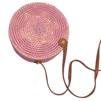 

New Round Straw Bag Handbags Women Summer Rattan Bag Handmade Woven Beach Handbag For Women Bag Pink