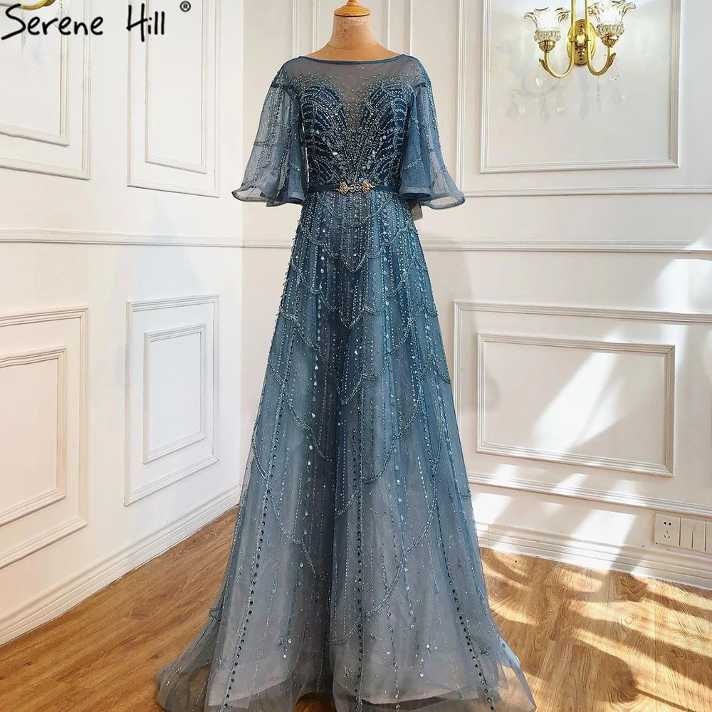 Serene Hill Turquoise Long Flare Sleeves Evening Dresses Gowns 2022 A-Line Luxury Beaded For Women Party LA70822