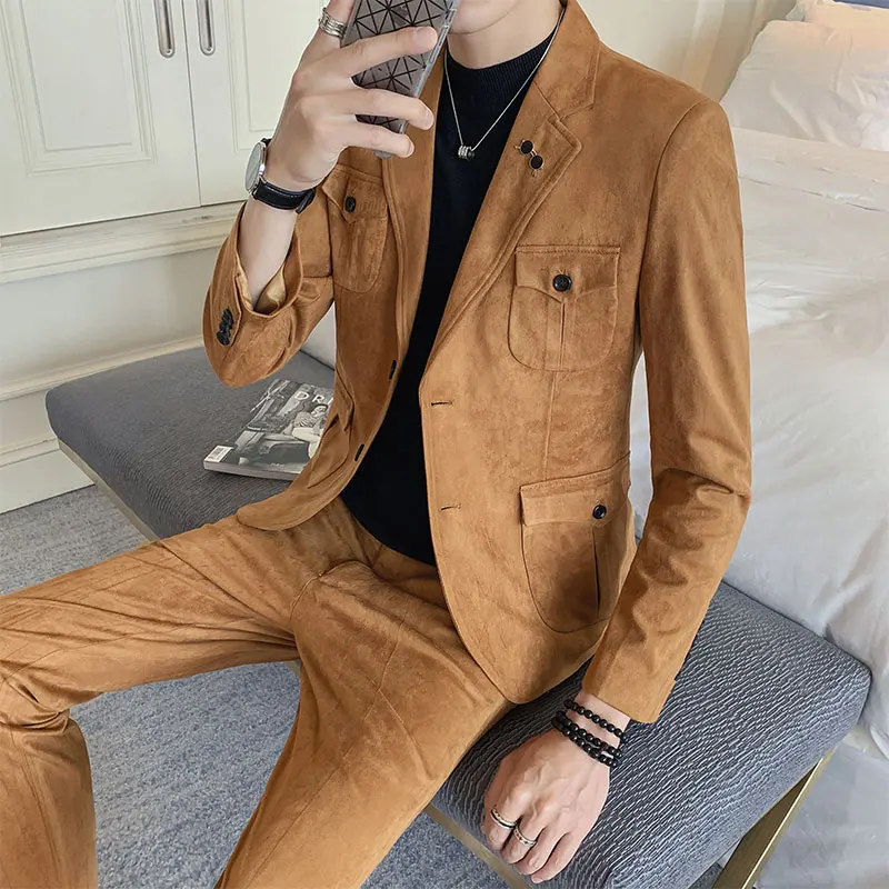 2019 autumn and winter suede men's casual fashion slim suit suit quality fabric men's two single-breasted business casual suits 2019 autumn and winter suede men's casual fashion slim suit suit quality fabric men's two single-breasted business casual suits
