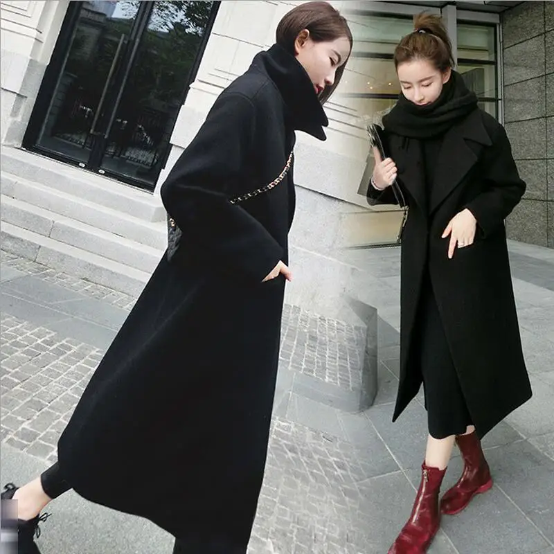 Женское шерстяное пальто, зимнее Новое повседневное корейское пальто, изящное длинное пальто, костюм с длинными рукавами, женская мода, большие размеры - Цвет: Black