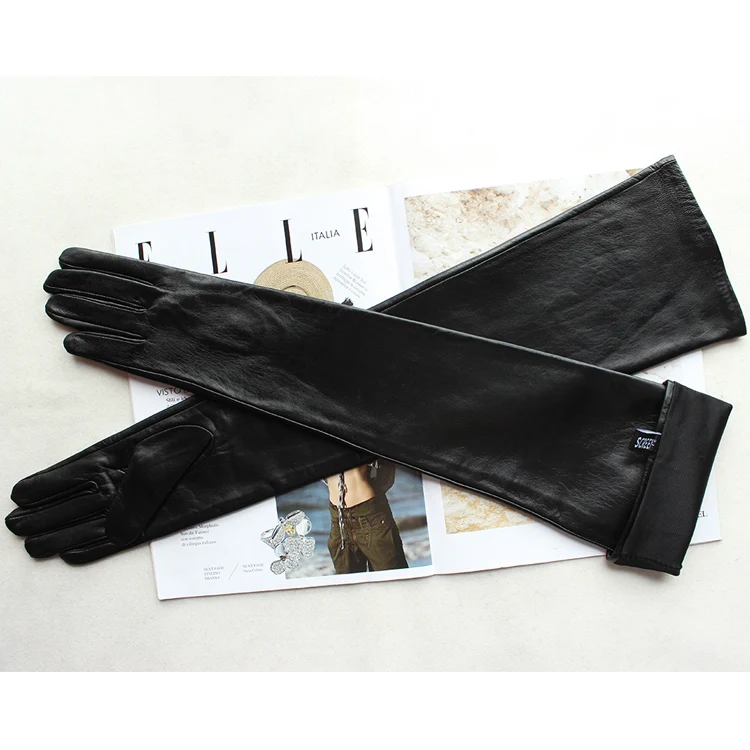 New Women's Super Long Leather Gloves Over Elbow Fashion Black Imported Sheepskin High Quality Mink Leather Touch Screen Gloves