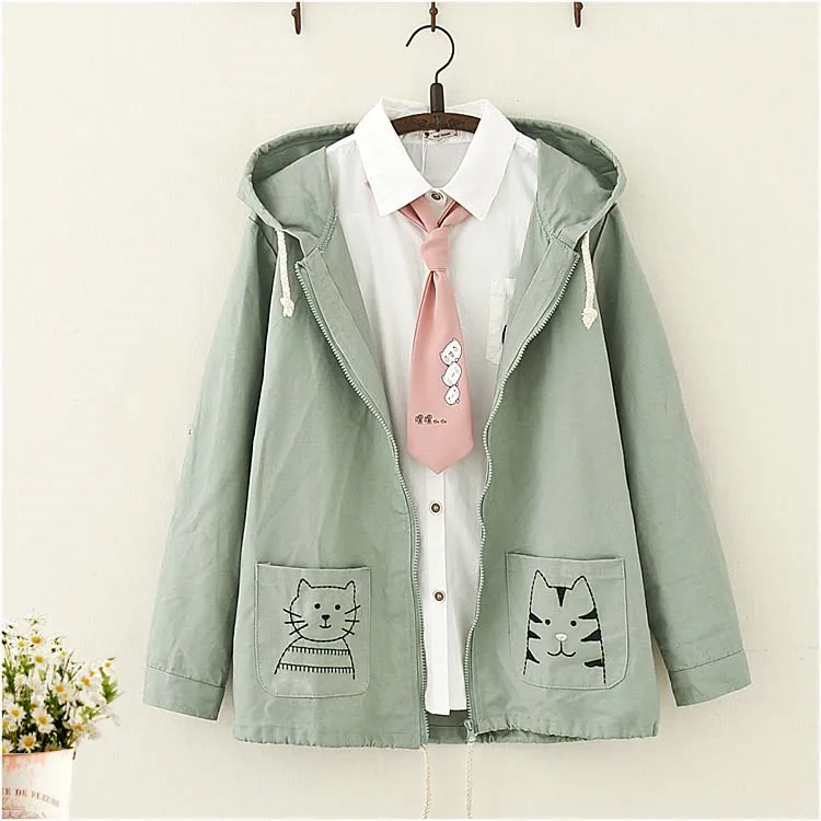 

Japanese Mori girl Autumn clothing The New sweet Cat embroidery Hooded jacket student Teenage girl Soft cute girl Wild windbreak