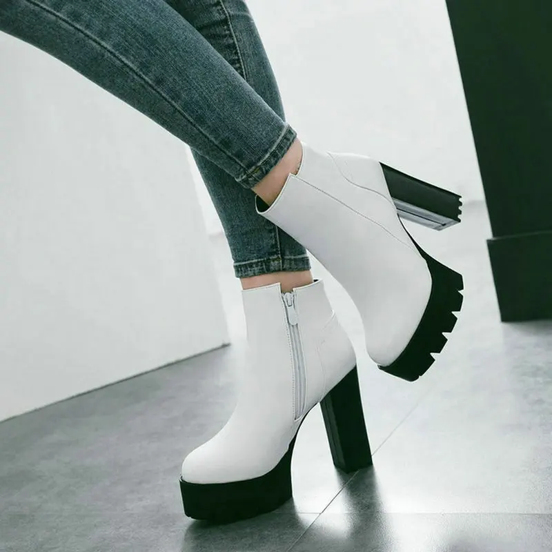 

Ladies Thick High Heel Comfort Platform Ankle Boots Fashion Zipper Boots Women Round Toe Fall Winter Shoes Black White Red