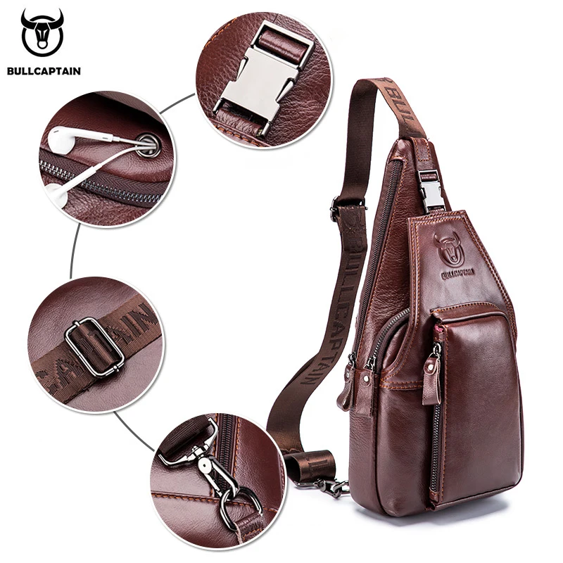 Men's Genuine Leather Chest Pack Chest Bag Men Multifunctional Headphone Jack Bages Casual Messenger Bags mens messenger bag
