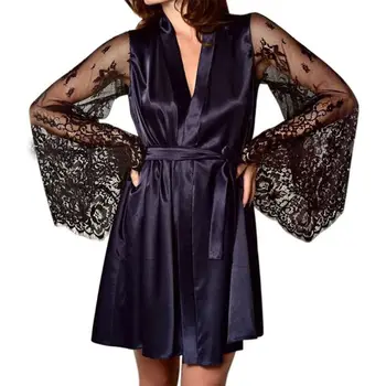 

Womens Sexy Sheer Eyelash Floral Lace Sleeves Bath Robe Imitation Silk Open Front Kimono Nightgown Belted Waist Loose Sleepwear