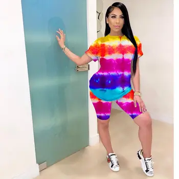 

ZKYZWX Tie Dye 2 Piece Set Women Tracksuit Summer Clother Matching Sets Top Biker Shorts Sweat Suits Lounge Wear Two Pcs Outfits