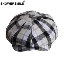 SHOWERSMILE кепка мужская газетная Кепка клетчатая хлопковая льняная Кепка газетная Кепка Классическая британская мужская шляпа в стиле Гэтсби восьмиугольная летняя плоская кепка