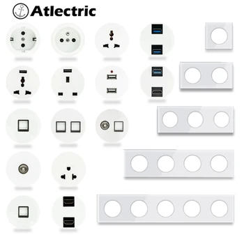 

Atlectric USB Wall Socket White Crystal Glass Panel EU UK FR Socket Charger RJ45 CAT6 HDMI Audio Modules DIY Free Combination