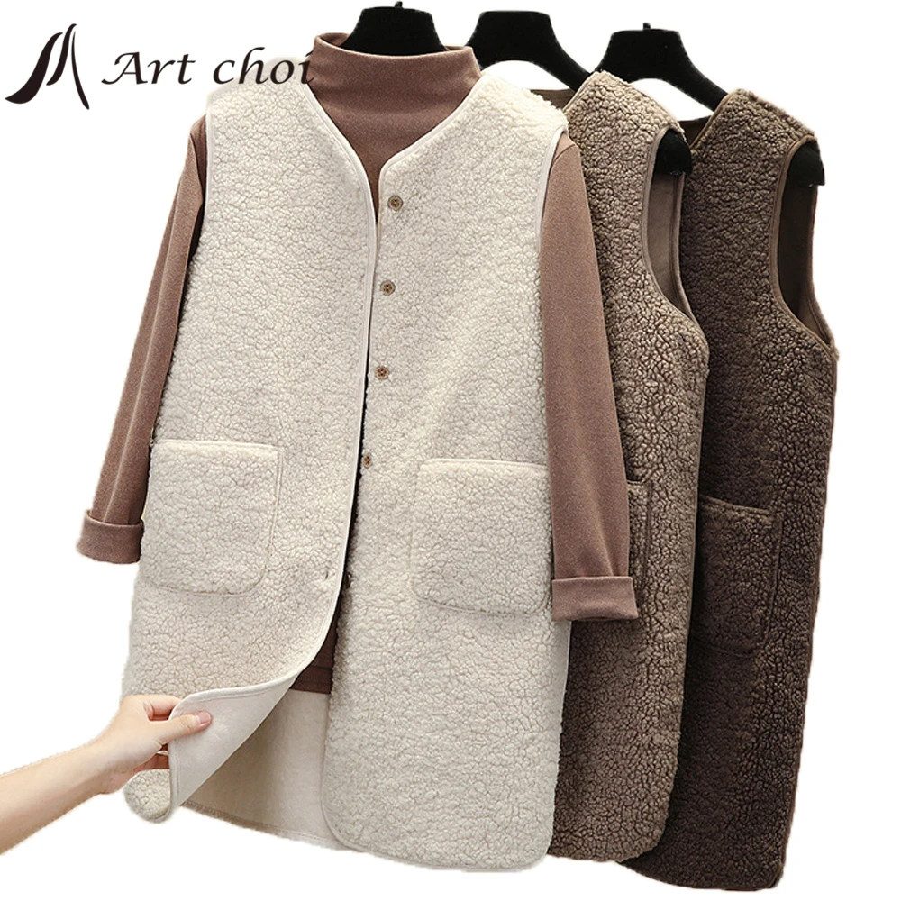 

Thick Faux Fur Vest Jacket Winter Women Sleeveless Garment Waistcoat Overcoat Casual Suede Warm Long Vest Female Coats Outerwear