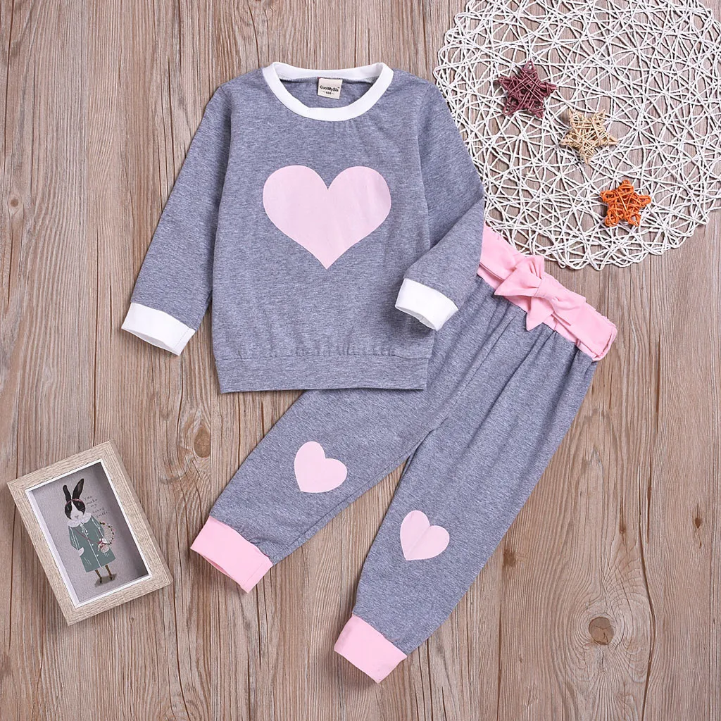 

ISHOWTIENDA Kid Toddler Baby Girl Heart Long Sleeve Pajamas Sleepwear+Pants Outfits Set Comfortable new product enfant fille#7