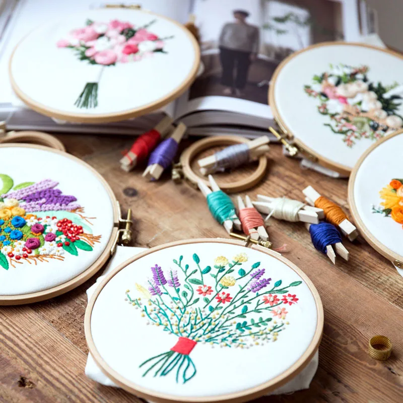 1 Pack Embroidery Flower Kit With Pattern+Instructions, Needlework DIY Beginner Stitch Kit Include 1 Embroidery Tools Hoop