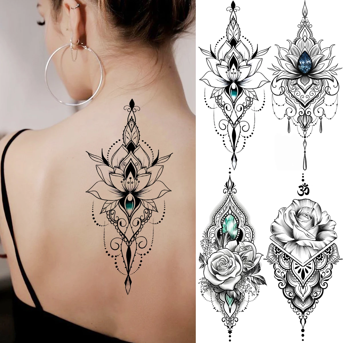 Tatouage Fleur De Lotus Nuque Pendentif Lotus Noir 3d, Faux Tatouage Temporaire Pour Femmes, Fille  Adulte, Fleur De Rose, Étanche À La Mode - Temporaire Tatouages - AliExpress