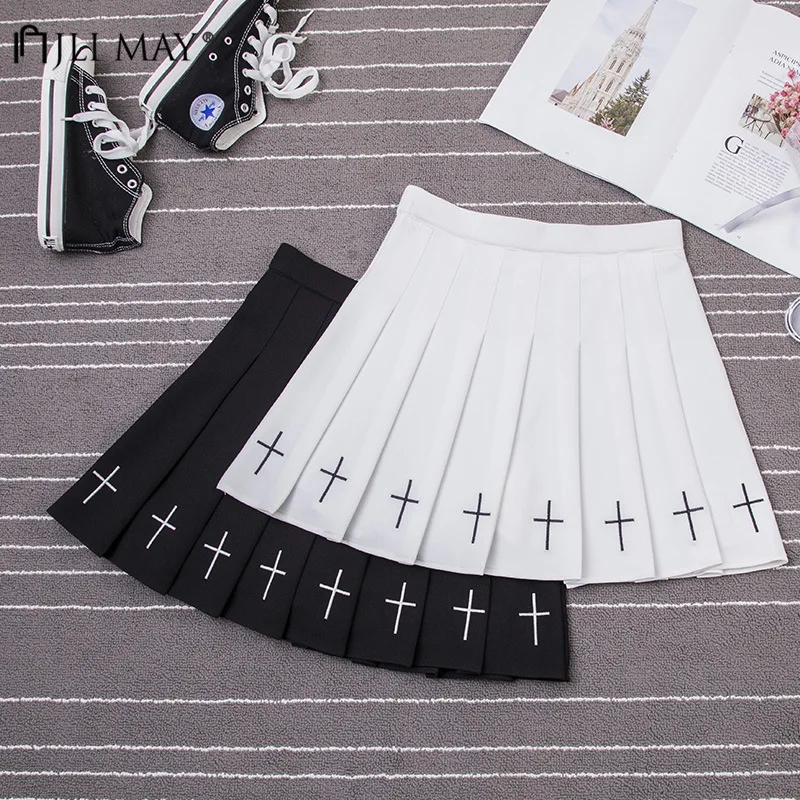 JLI может Высокая талия однотонные юбки осень зима женская одежда крест вышивка плиссированные ампир Повседневная Милая юбка для девочек