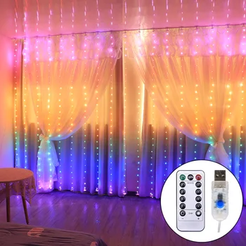 Led Regenboog Gordijn Lights Fairy Guirlande Op Het Raam Usb Light String Christmas Slaapkamer Woonkamer Decoratie 1.5*2/3*2.8 M