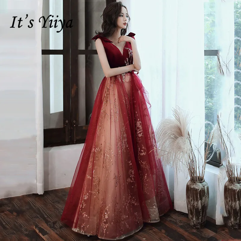 Бордовые вечерние платья It's Yiiya R206 элегантное формальное платье с вышивкой и