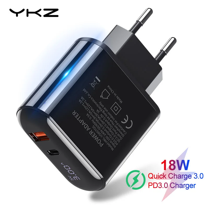 

YKZ 18W LED Display QC3.0 USB Charger Quick Charge 3.0 QC Type C PD Fast Charging Travel Wall Charger for iPhone X 8 Samsung S10