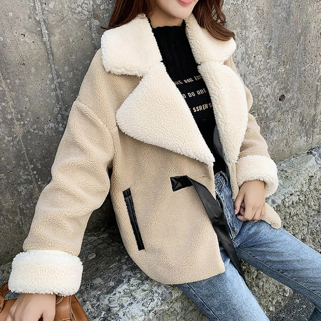 Beige Женское плюшевое пальто зима осень Бандажное из искусственного меха теплая куртка пальто Верхняя одежда повседневное с длинным рукавом плюшевые пальто меховые куртки модные - Цвет: Beige