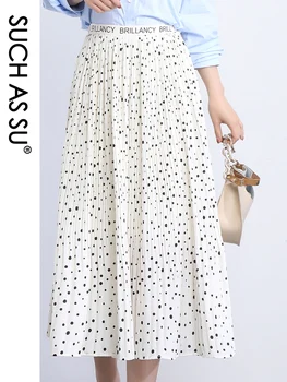 

New Skirts Women Clothes 2020 Summer Black Beige Cotton fabric High Waist Pleated Skirt Elastic Slim Mid Long Dot Skirt