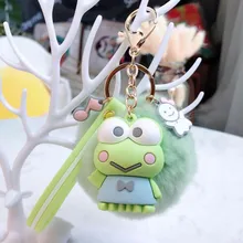 Cartoon Penguin frog rabbit keychains with 7cm fluffy rabbit fur ball key chain Women Girls bag pendant car keyring charm gifts