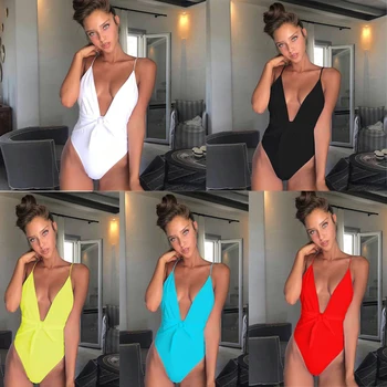 

Swimsuits Women 2019 One Piece Swimwear Knot Tie Bikini Push Up High Waisted Bathing Suits White Swimsuit Micro Thong Biquini