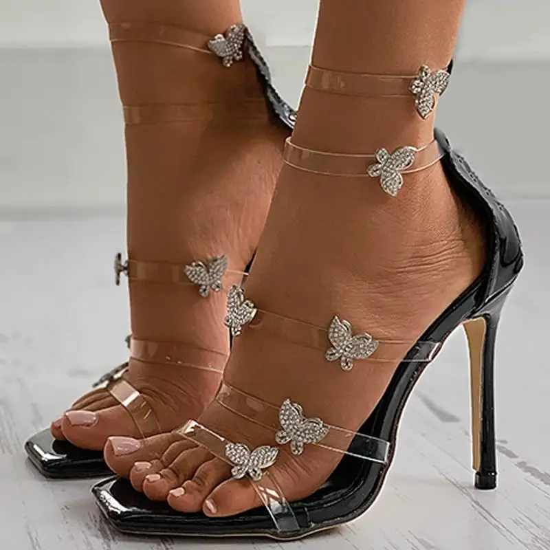 

Three Color Party Ladies Square Toe High Heel Sandals Clear Perspex Butterfly Pattern Stiletto Heel