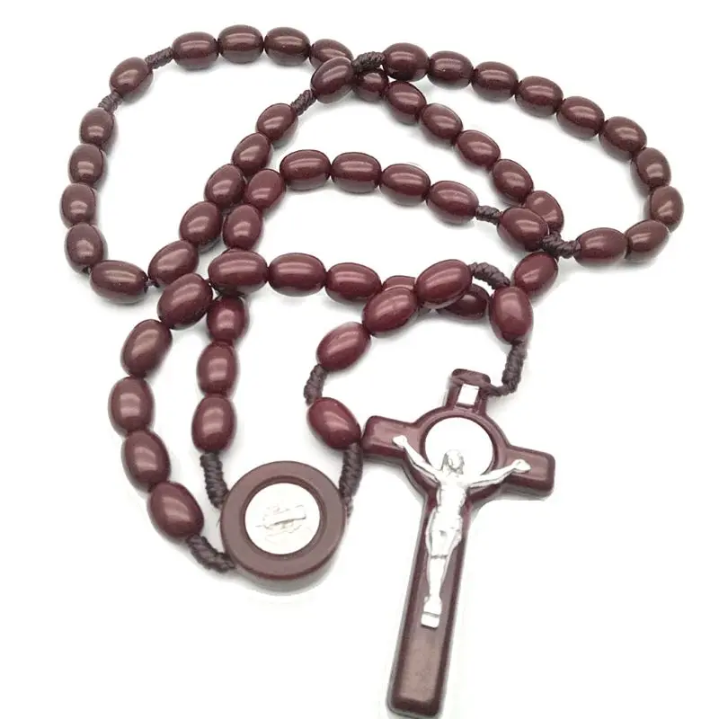 Jesus Wooden Beads 8mm Rosary Bead Cross Pendant Necklace Woven Rope Chain Jewelry Accessories E65B - Цвет: Coffee