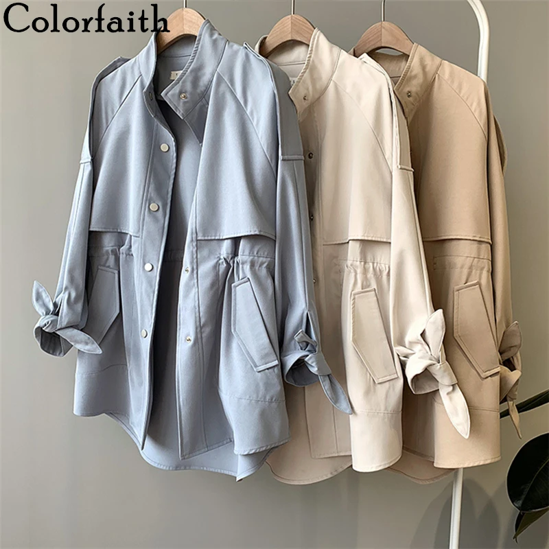 Outerwear Windbreaker Trench-Tops Oversize Vintage-Pockets Colorfaith Winter Womens