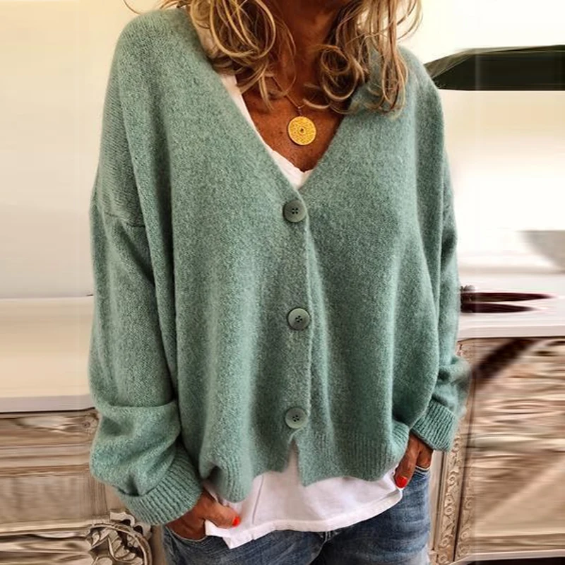 3XL вязаный кардиган, свитер для женщин, Осень-зима, v-образный вырез, Свитера с пуговицами, повседневный Свободный вязаный свитер с длинным рукавом для женщин - Цвет: Green