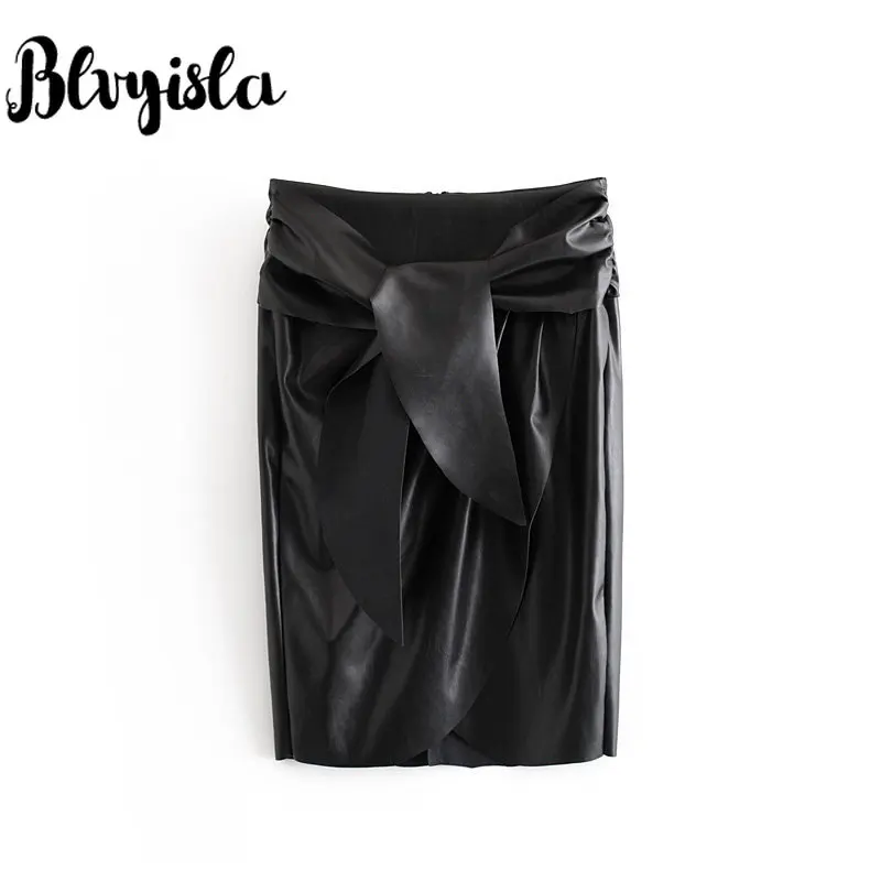 Blvyisla черная PU шикарная облегающая юбка-карандаш с повязкой на талии, сексуальные женские нестандартные мини-юбки с разрезом